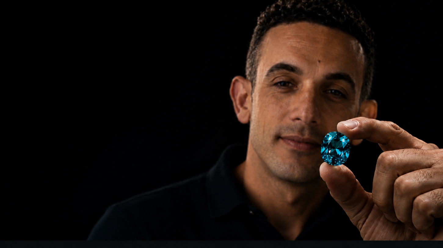 Kevin Ferreira inspecting a Paraíba Tourmaline